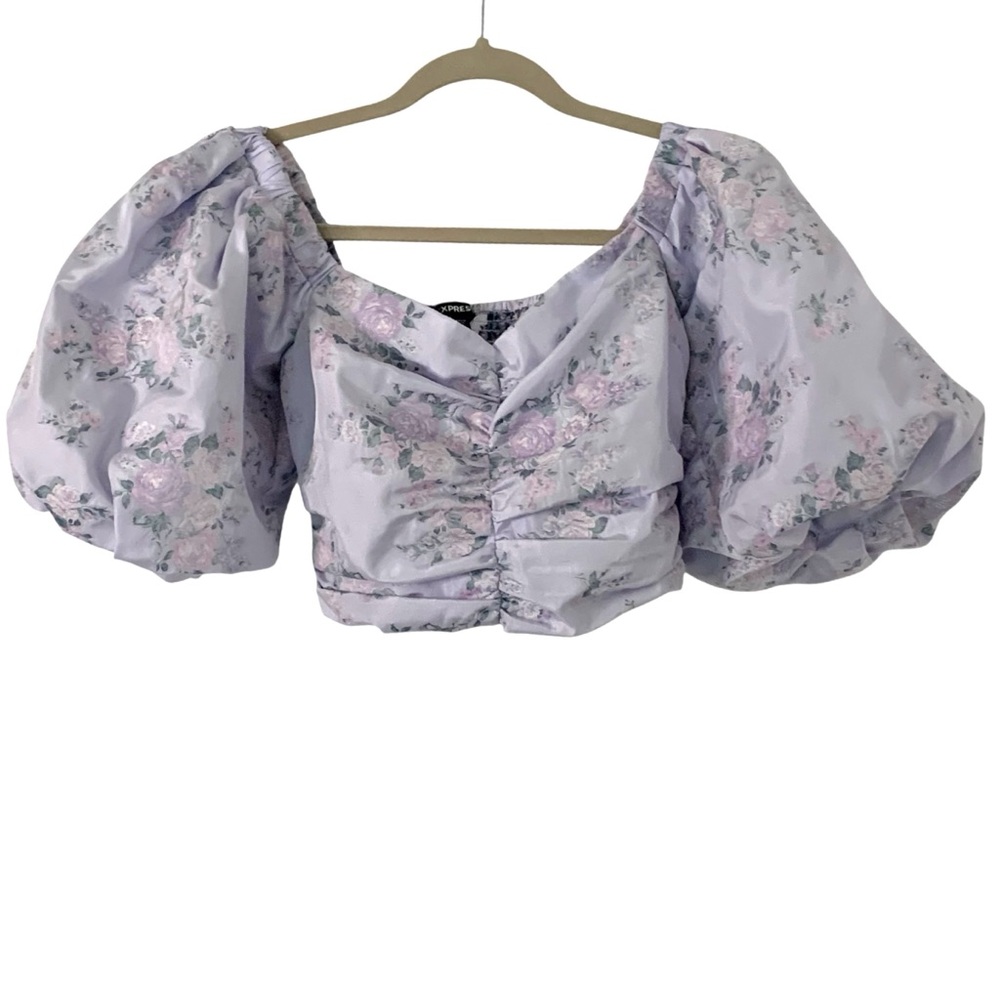 Express Light Purple Ruched Cropped XS Puff Sleeve Coquette Cottagecore Blouse